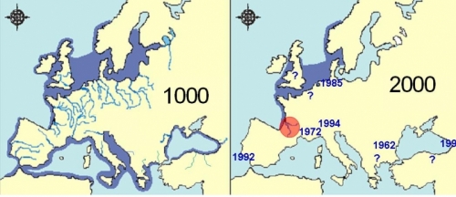 Letzte Nachweise des A. sturio in Europa, rot markiert die Gironde Population