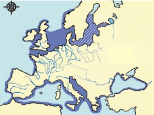 Historische Verbreitung des A.sturio (blau) und des A. oxyrinchus (schraffiert) in Europa